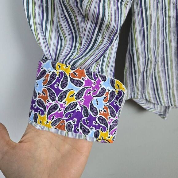Robert Graham Mens Button Up Shirt Sz XL Purple Striped Flip Cuff Preppy Career - Picture 4 of 8